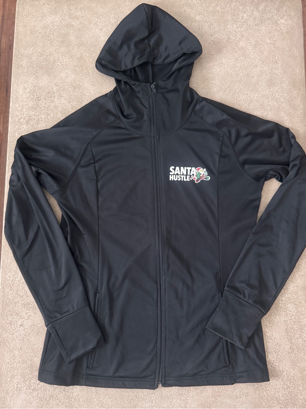 Santa Hustle Running Jacket Black Hooded Will Run for Cookies Large